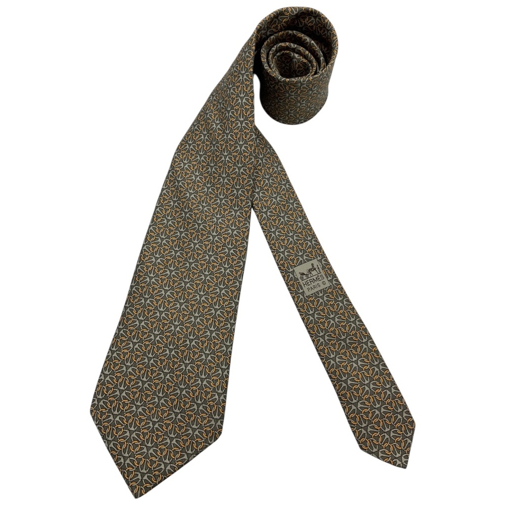 HERMÈS 5512 UA Gray/Gold Chain Link Silk LUXURY Tie FRANCE